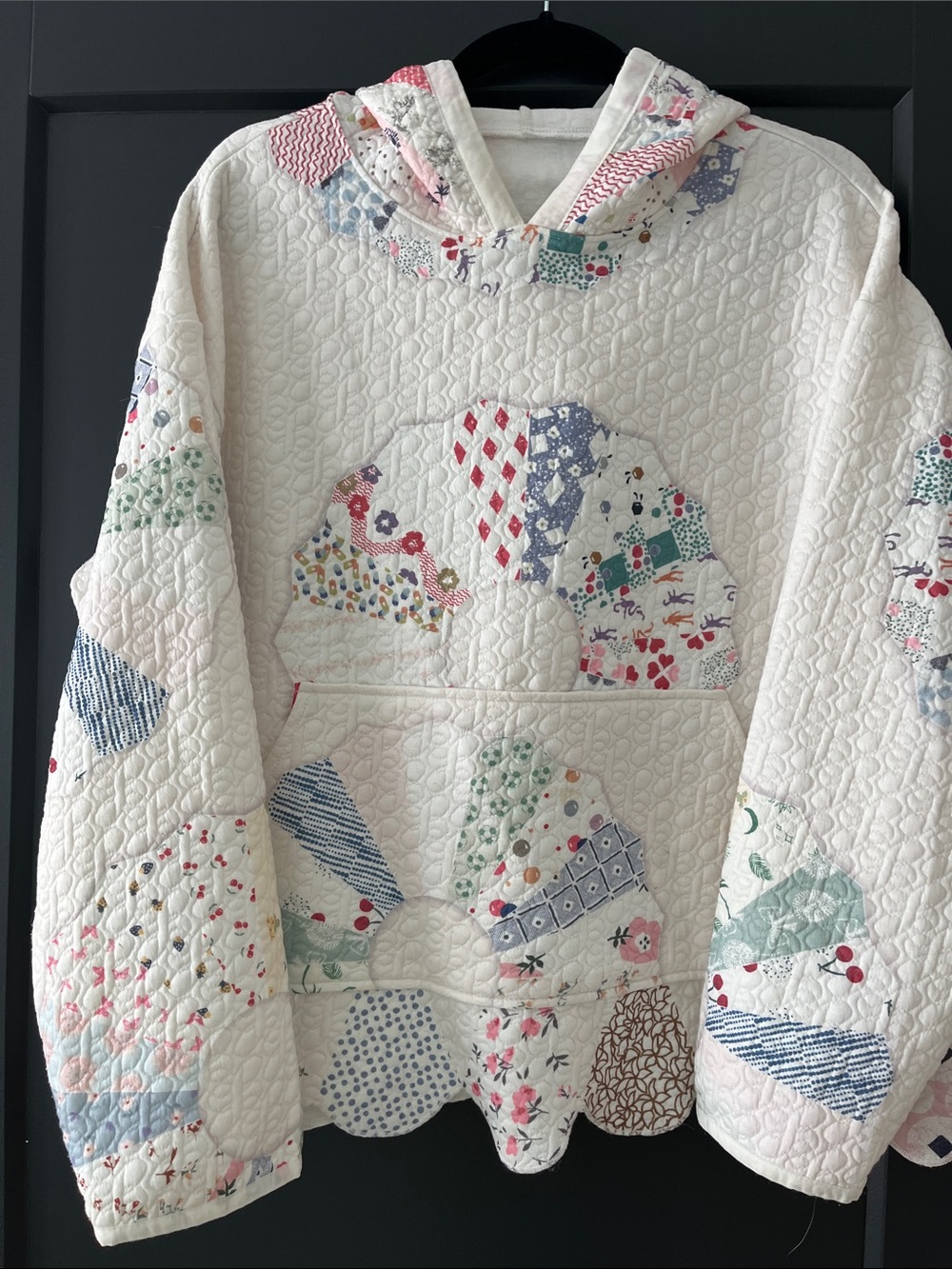 Quilted Patchwork Hooded Pullover Sweater - White with Multicolor Accents